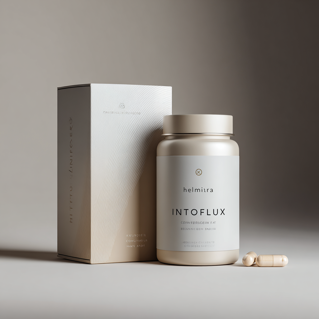 IntestoFlux termék elegáns csomagolásban, mellette friss zöldségek és gyümölcsök, egészséges életmód szimbólumai, természetes fény